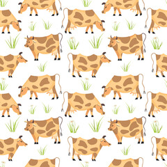 Quirky cows grazing grass seamless pattern