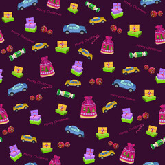 New Year's pattern with gifts. Burgundy background. Vector illustration. Textile composition, template for design print, fabric, wallpaper and box.