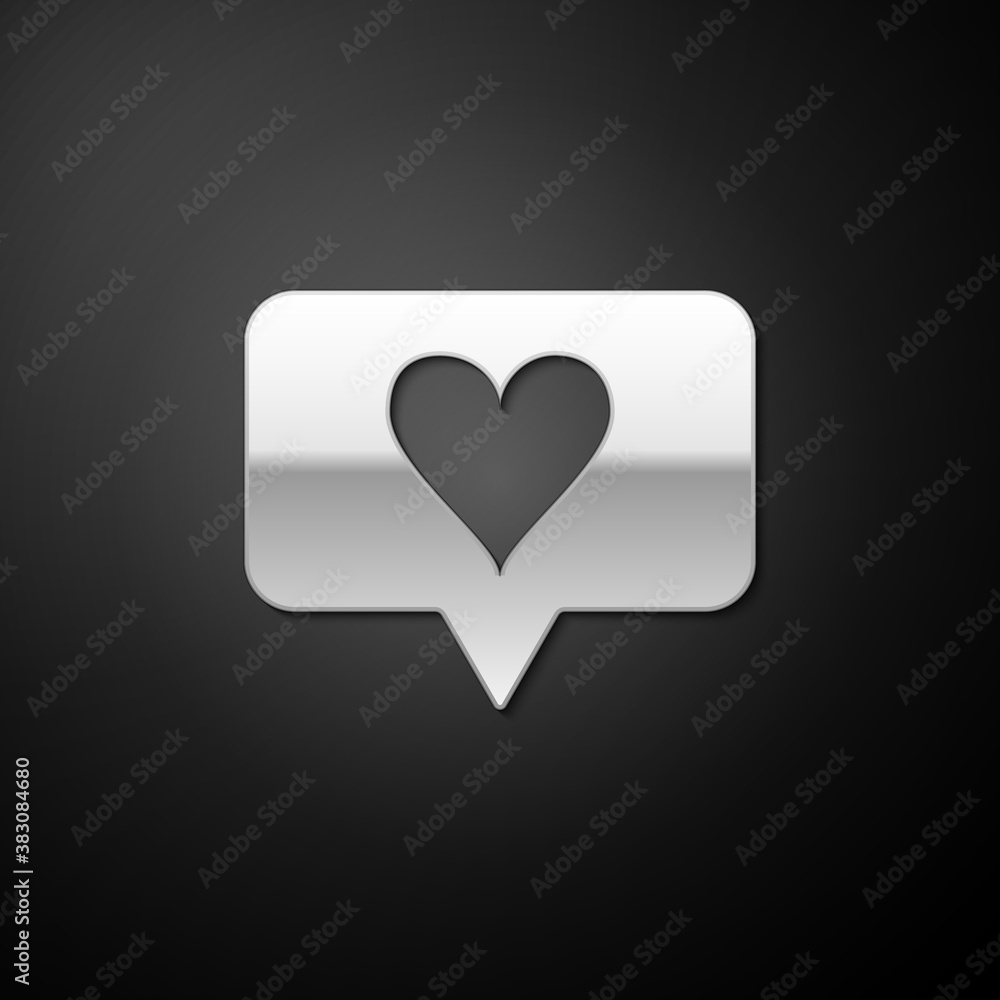 Poster silver like and heart icon isolated on black background. counter notification icon. follower insta. 