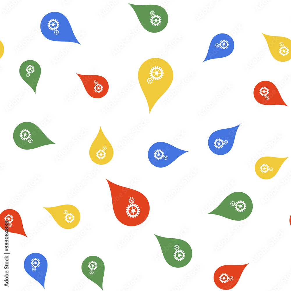 Poster color drop with gears icon isolated seamless pattern on white background. abstract concept for ecolo