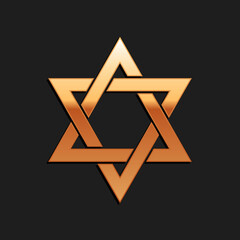 Gold Star of David icon isolated on black background. Jewish religion symbol. Long shadow style. Vector.