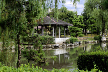 Fototapeta na wymiar 緑が豊かな美しい日本庭園の池と小屋