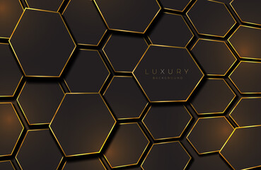 Modern black and gold background textured with abstract hexagon pattern