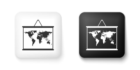 Black and white World map on a school blackboard icon isolated on white background. Drawing of map on chalkboard. Square button. Vector.