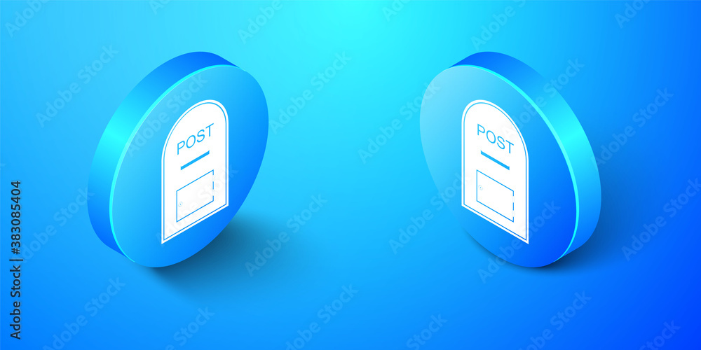 Poster isometric mail box icon. post box icon isolated on blue background. blue circle button. vector.