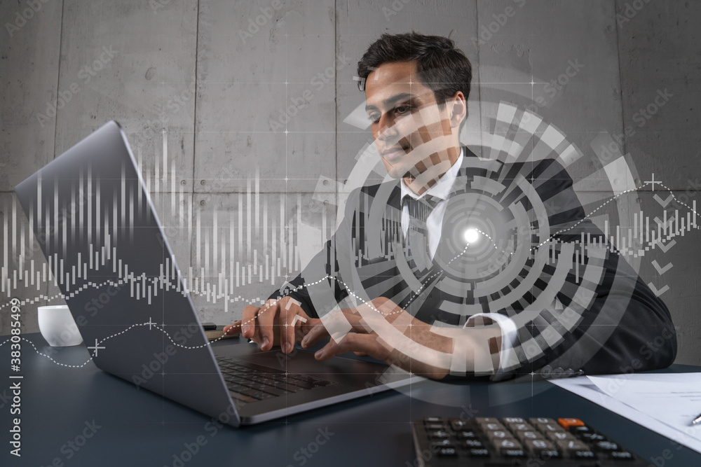 Poster businessman in office working with laptop technology online trading graph and chart, typing computer