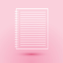 Paper cut Notebook icon isolated on pink background. Spiral notepad. School notebook. Writing pad. Notebook cover design. Office stationery items. Paper art style. Vector.
