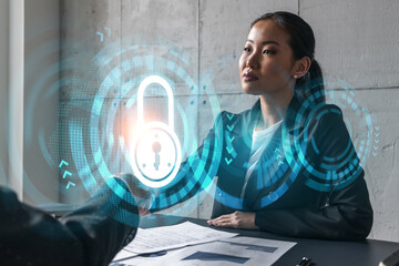 Two woman handshake. Education protection of data hologram. Multiexposure. International business.