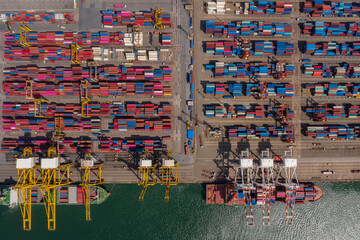 Container ship loading and unloading in sea port, Aerial view
