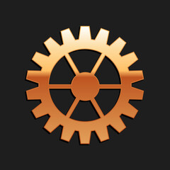 Fototapeta premium Gold Gear icon isolated on black background. Cogwheel gear settings sign. Cog symbol. Long shadow style. Vector.