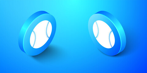 Isometric Baseball ball icon isolated on blue background. Blue circle button. Vector.