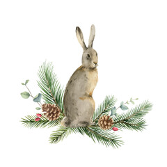 Watercolor vector Christmas card with a hare and fir branches.