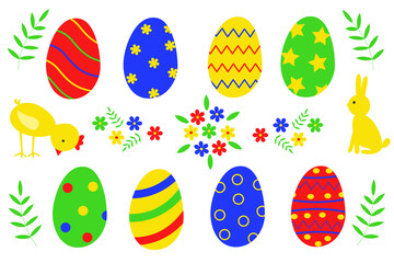 Set of images of Easter eggs, rabbit, Bunny, flowers. Isolated color vector image on a white background. A set of Easter elements.