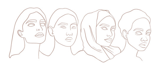 Beautiful women of different cultures, multi-ethnic. African, Asian, girl in hijab standing together. Vector illustration, portrait in a modern minimalist style. Simple line drawing. Logo, postcard