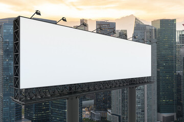 Fototapeta premium Blank white road billboard with Singapore cityscape background at sunset. Street advertising poster, mock up, 3D rendering. Side view. The concept of marketing communication to sell idea.