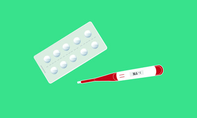 Medical symbols. Pills, blister, thermometer. Realistic flat style.