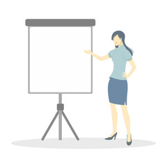 Business woman stand and pointing her hand at a projector screen.Concept to present information.Flat design style.Isolated on white background.Vector illustration about presentation.