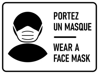 Bilingual French and English Horizontal Warning Sign with Phrases "Portez Un Masque" and "Wear a Face Mask". Vector Image.