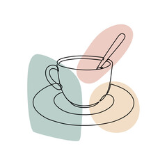 Cup in a hand drawn linear style with colorful abstract stains. Isolated on white.