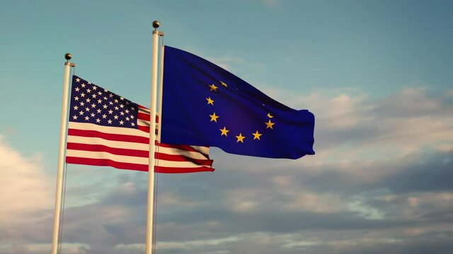 United states and European union flags on a flagpole show political relations.