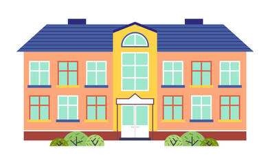 Kindergarten or school building cartoon flat style vector illustration isolated on white. Two-story building for children in bright colors with a blue roof. Modern kindergarten or junior School