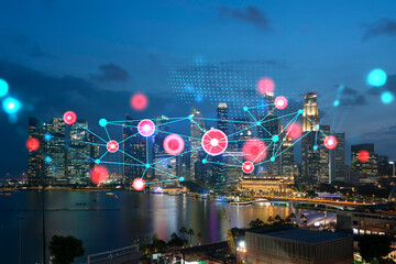 Abstract technology icons, night aerial panoramic cityscape of Singapore, Asia. The concept of...