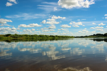 Beautiful Landscape with reflection on River Sky and Clouds.