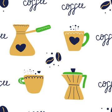 Hand drawn seamless pattern of coffee, cup, pot, coffee bean. Flat illustration.