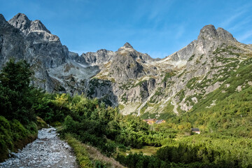 Fototapeta na wymiar Mountain cottage, Green tarn valley, High Tatras mountains, Slovakia
