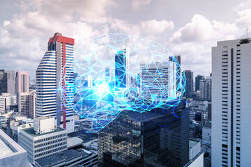 Brain hologram over panorama city view of Bangkok, the largest science hub in Asia. The concept of developing coding and high-tech science. Double exposure.
