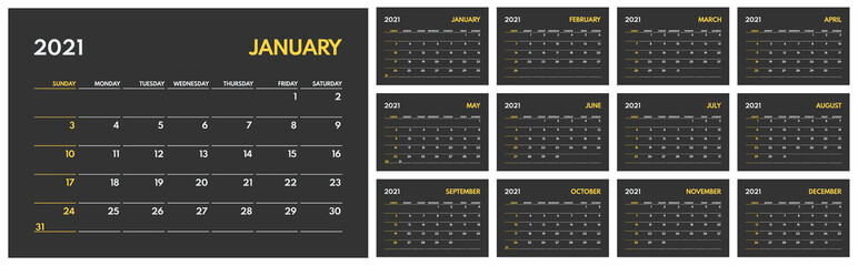 2021 full year wall calendar, sunday first, dark background