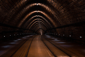 Tram tunnel in Bratislava illuminated with lights