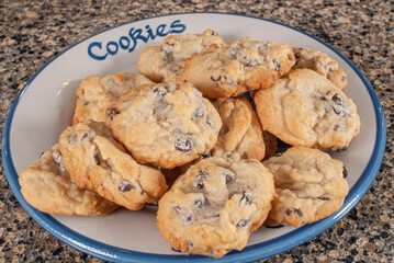 fresh baked chocolatechip cookies on a plate that says cookies
