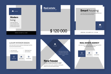 Real estate social media post template set. Modern detailed square graphic for instagram and facebook with dark blue elements