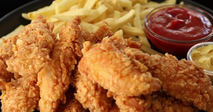 Macro view of Tasty french fries and crispy chicken nuggets with mustard and ketchup isolated on black