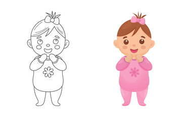 Cute baby girl. Coloring page and colorful clipart character. Cartoon design for t shirt print, icon, logo, label