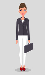 Pretty young slim woman character in business clothes. Smiling business woman standing with a briefcase in hands. Businesswoman wearing a trousers and a jacket standing straight at full height