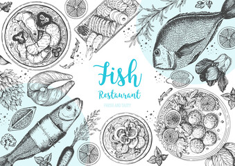 Vintage seafood frame vector illustration. Hand drawn with ink. Cooked seafood dish on the table top view. Hand drawn fish dishes, perch, oysters and shrimps. Engraved style image