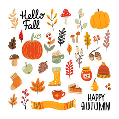 Autumn set. Fall season. Drawn elements - calligraphy, leaves, apple, mushrooms, pumpkins, a cup of tea, rubber boots, hat, scarf, socks. Vector illustration isolated on white background.
