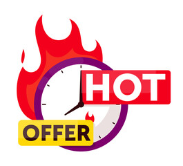 Hot offer sale timer. Countdown badge with hot offer marketing announcement and burning timer stopwatch measuring last minute vector illustration isolated on white background