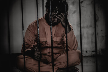 Asian man desperate at the iron prison,prisoner concept,thailand people,Hope to be free,Serious...