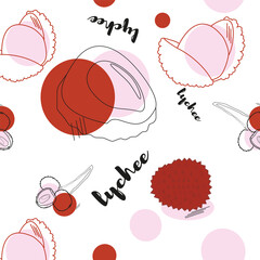 Lychee fruit graphic vector color seamless pattern.