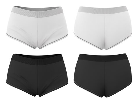 Pants shorts black and white. Panty boyshort isolated on white background. 3d realistic mock up isolated on white background. Front and back.