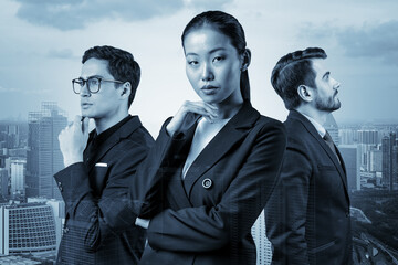 Group of three business colleagues in suits dreaming about new career opportunities after MBA...