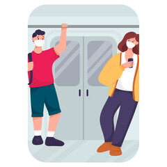 Vector flat illustration. People in the subway during the pandemic wearing masks. Man and woman in transport.