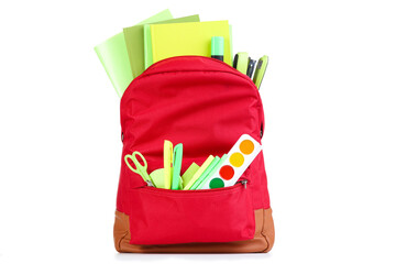 Backpack with school supplies isolated on white background