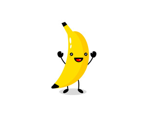 Funny happy cute happy smiling banana, Vector flat cartoon kawaii character illustration icon, Isolated on white background, Fruit banana mascot concept