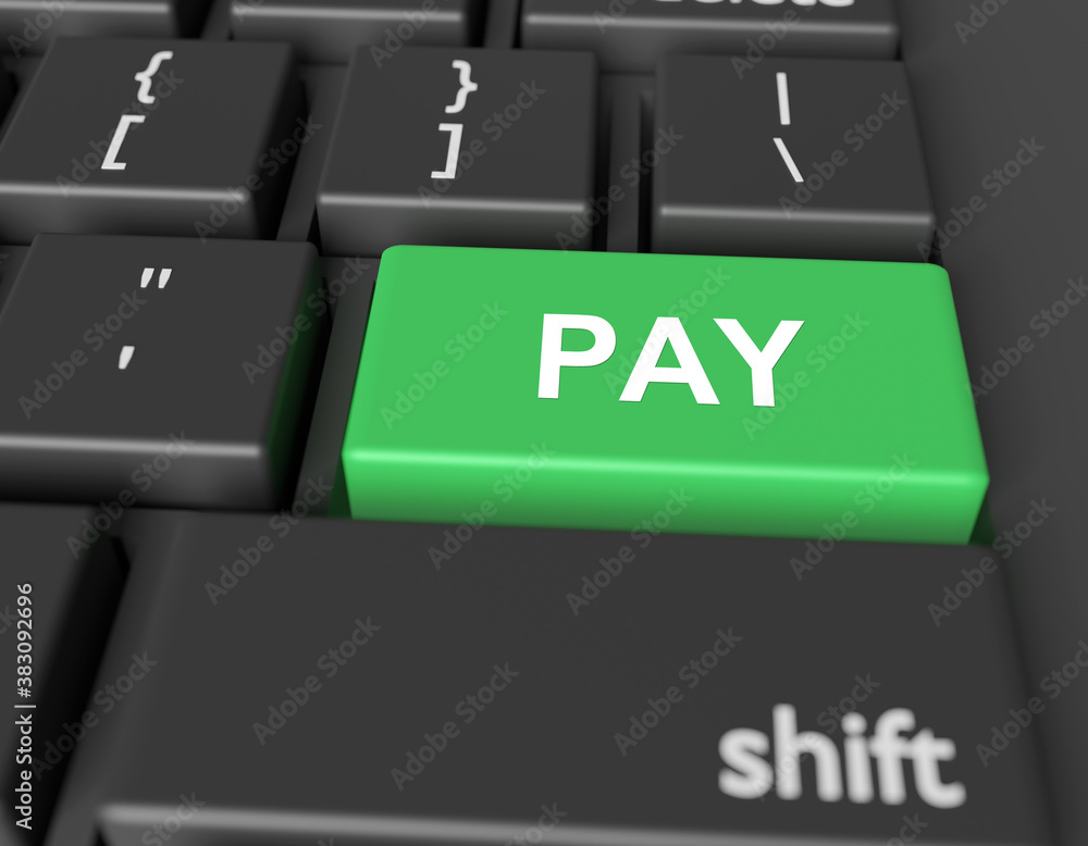 Aufkleber pay concept. word pay on button of computer keyboard