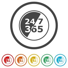 24 7 hours and 365 days ring icon, color set