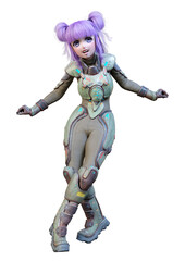 3D Rendering Anime Space Girl on White